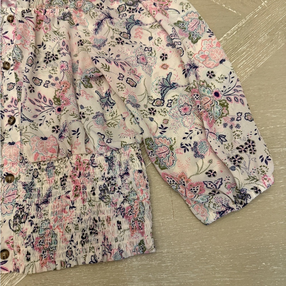 Pink and Purple Paisley Off the Shoulder Peasant Floral Print Top - Picture 2 of 7